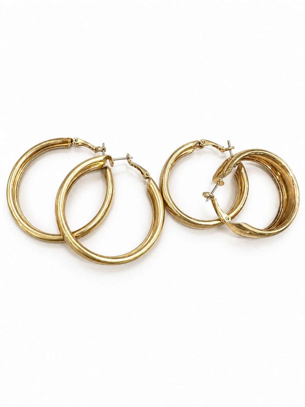 2 Pairs Gold Tone Lightweight Chunky Hoop Earrings Large Statement Hoops